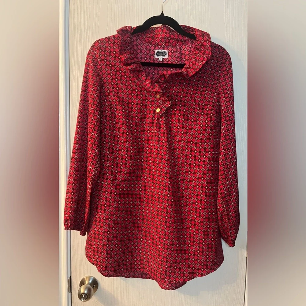 🛍️Mud Pie Small Red Ruffled Buttoned Blouse - Picture 2 of 3